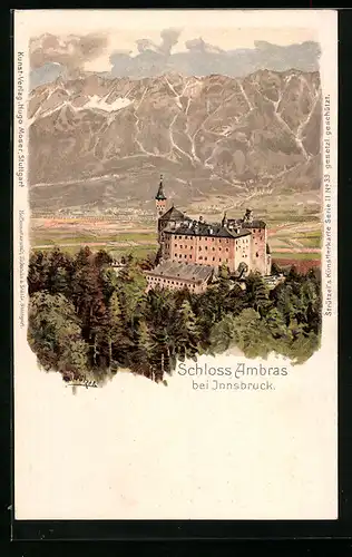 Künstler-AK Otto Strützel: Innsbruck, Schloss Ambras, Alpenpanorama