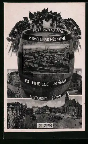 AK Plzen, Teilansicht, Strassenpartie mit Geschäft, Platz mit Kirche, Hopfen, Fass