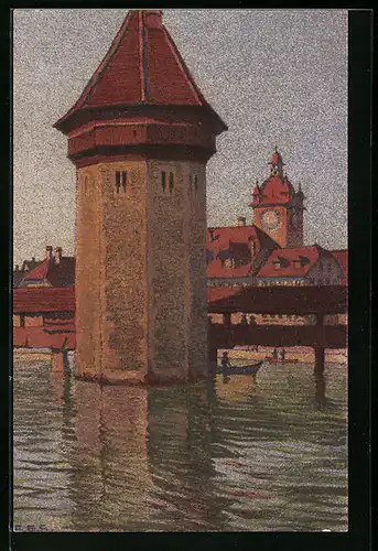 Künstler-AK Ernst E. Schlatter: Luzern, Wasserturm mit dem Rathaus