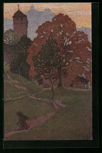 Künstler-AK Ernst E. Schlatter: Luzern, Abend auf Musegg