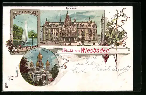 Lithographie Wiesbaden, Rathaus, Grosse Fontaine, Griech. Kapelle