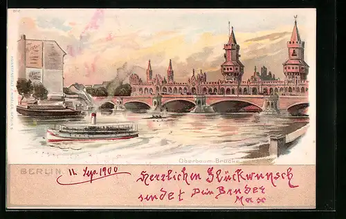 Lithographie Berlin, Oberbaum-Brücke, Dampfer