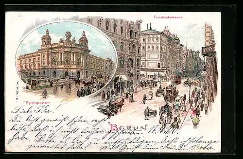 Lithographie Berlin, Die Friedrichstrasse und das Reichspostamt