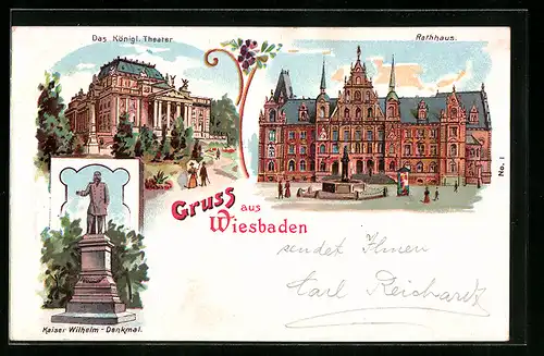 Lithographie Wiesbaden, Das Königl. Theater, Rathaus, Kaiser Wilhelm Denkmal