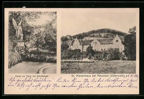 AK Neustadt /Odenwald, St. Marienhaus, Partie am Teich mit Schutzengel