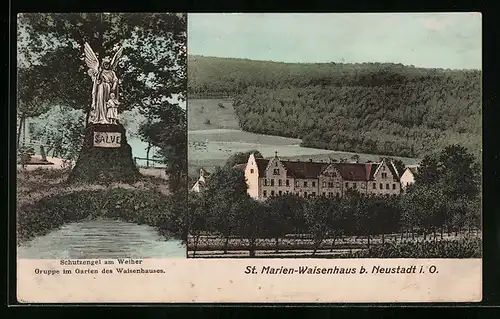 AK Neustadt i. O., St. Marien-Waisenhaus, Schutzengel am Weiher, Gruppe im Garten des Waisenhauses