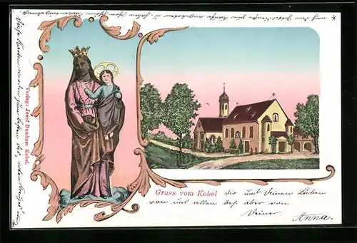 Goldfenster-AK Kobel, Gotteshaus mit leuchtenden Fenstern