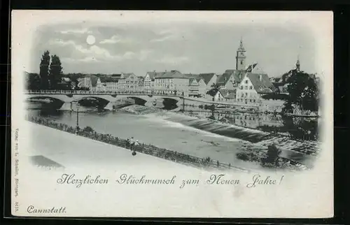 Mondschein-AK Cannstatt, Flusspartie mit Brücke