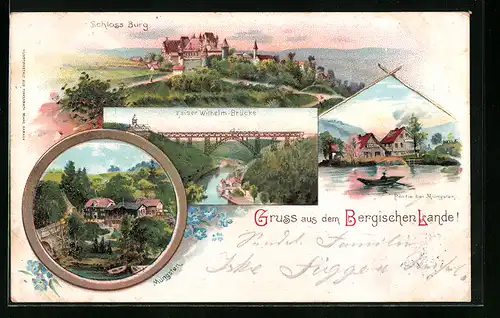 Lithographie Müngsten, Kaiser Wilhelm Brücke, Schloss Burg