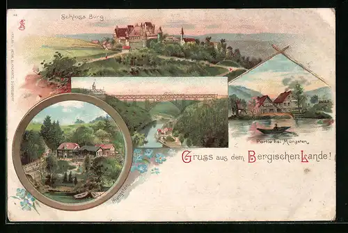 Lithographie Müngsten, Kaiser Wilhelm Brücke, Schloss Burg