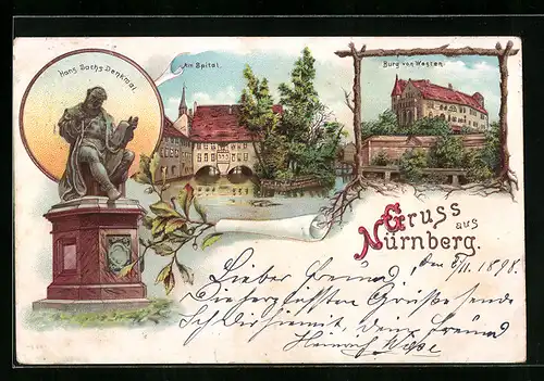 Lithographie Nürnberg, Hans Sachs Denkmal, Am Spital, Burg von Westen