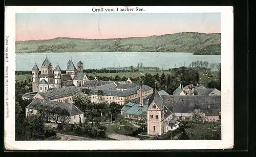 Goldfenster-AK Maria Laach, Seepartie mit Kloster