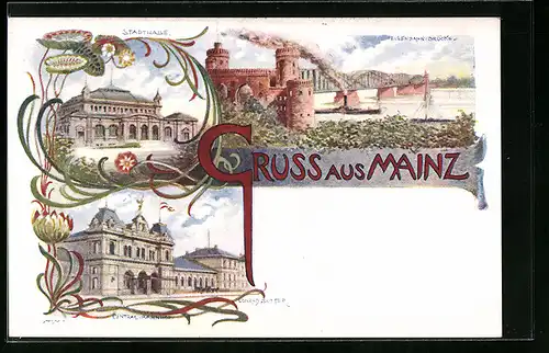 Lithographie Mainz, Stadthalle, Eisenbahn-Brücke, Bahnhof