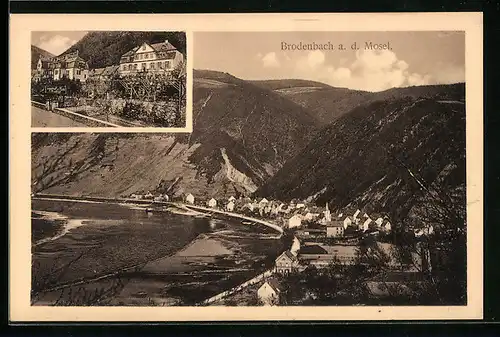 AK Brodenbach a. d. Mosel, Gasthof z. Post, Ortsansicht mit Bergen