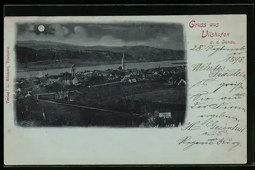 Mondschein-AK Vilshofen a. d. Donau, Ortsansicht aus der Vogelschau