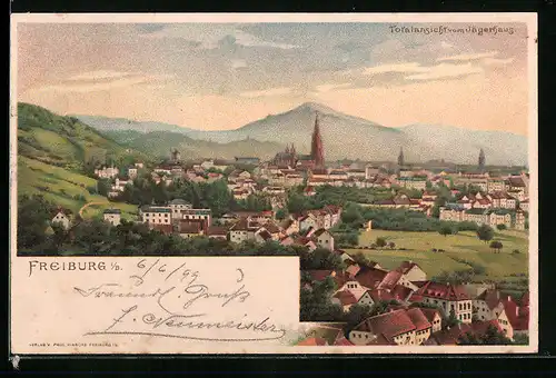 Lithographie Freiburg i. B., Totalansicht vom Jägerhaus
