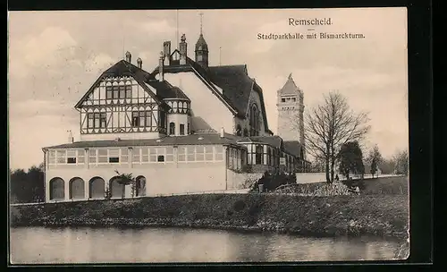 AK Remscheid, Stadtparkhalle mit Bismarckturm