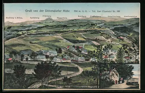 AK Dittersdorf, Gasthaus, Panorama mit Bärenstein, Spitzberg und Keilberg
