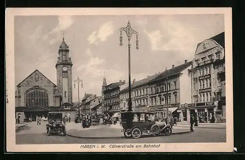 AK Hagen i. W., Kölnerstrasse am Bahnhof mit Hotel Resa und Geschäften