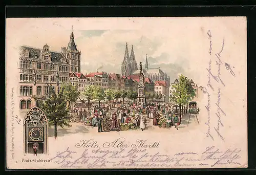 Lithographie Köln, Alter Markt mit Kirche und Denkmal, Platz-Gabbbeck