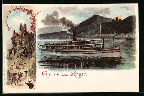 AK Königswinter, Ruine Drachenfels, Rheinpartie mit Damfer Overstolz
