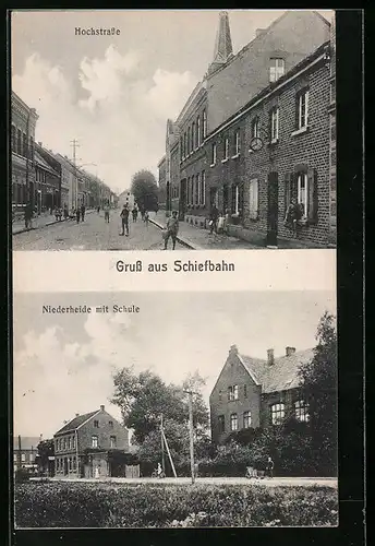 AK Schiefbahn, Niederheide mit Schule, Kinder auf der Hochstrasse