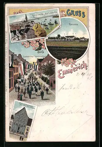 Lithographie Emmerich, Schützenfest-Umzug, Borussia, Hotel Hof von Holland