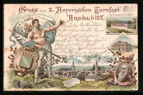 Lithographie Ansbach, X. Bayer. Turnfest 1897, Turnhalle, Kgl. Orangerie