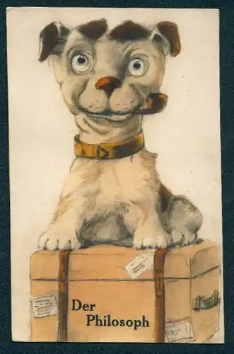 Glasaugen-AK Philosophischer Hund mit Kulleraugen und Pfeife in der Schnauze