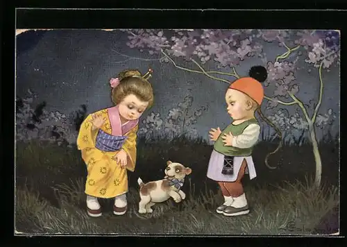 Künstler-AK E. Colombo: Zwei japanische Kinder mit einem Hund, Kimono