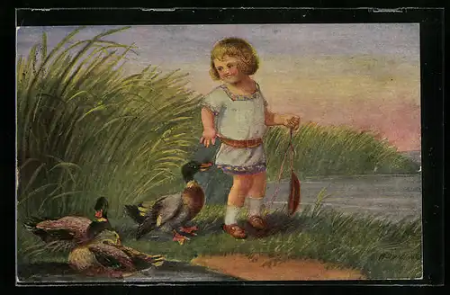 Künstler-AK Max Dutzauer: Kind mit drei Enten, Oleoplast-Ölgemälde
