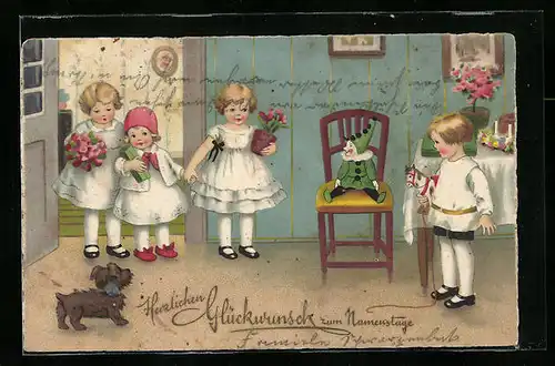 Künstler-AK Lia Döring: Kinder mit Spielzeug und Hund