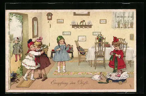 Künstler-AK Lia Döring: Fünf Mädchen feiern Geburtstag, Dackel