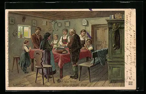 Künstler-AK E. Döcker: Familie betet beim Abendmahl