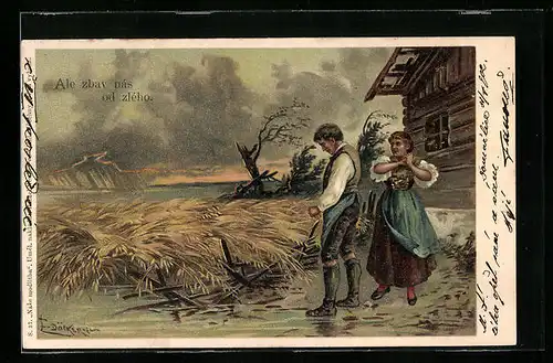 Künstler-AK E. Döcker: Mann betet, Durch Unwetter zerstörtes Haus