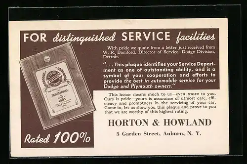 AK Auburn, N. Y., Horton & Howland Reklame, 5 Garden Street