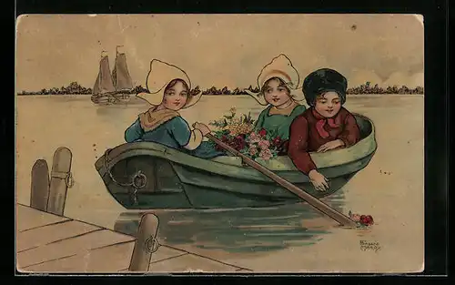Künstler-AK Florence Hardy: Drei Mädchen mit Blumen auf einem Ruderboot