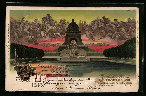 Lithographie Leipzig, Völkerschlachtdenkmal, Grundsteinlegung 1900