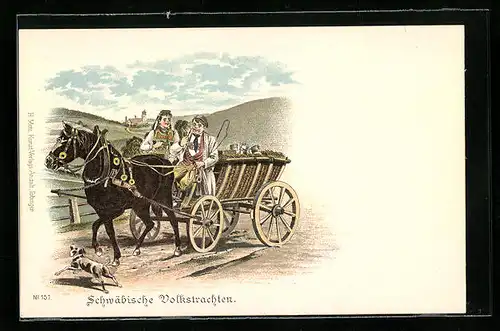 Lithographie Pferdekarre, Schwäbische Volkstrachten