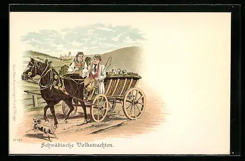 Lithographie Pferdekarre, Schwäbische Volkstrachten, Hund