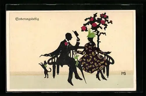 Künstler-AK Marte Graf: Schattenbild, Herr und Dame auf Parkbank mit Hund