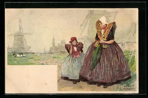 Künstler-AK Henri Cassiers: Mutter mit Tochter in Trachten, Windmühlen