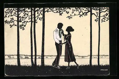 Künstler-AK Manni Grosze: Liebesgeplauder - Junges Paar am Waldrand, Scherenschnitt