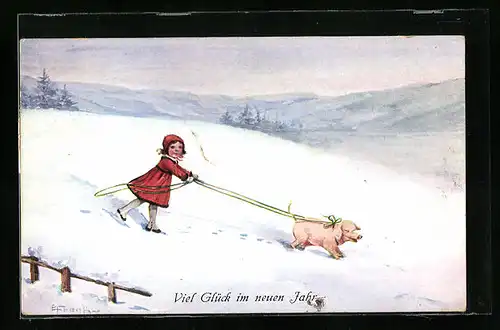 Künstler-AK Elly Frank: Mädchen mit einem Schwein an der Leine im Schnee