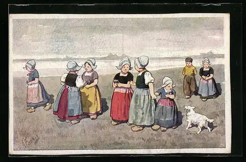 Künstler-AK Karl Feiertag: Holländische Mädchen in Tracht am Strand