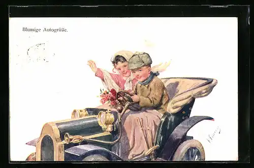 Künstler-AK Karl Feiertag: Kinder grüssen aus einem offenen Auto