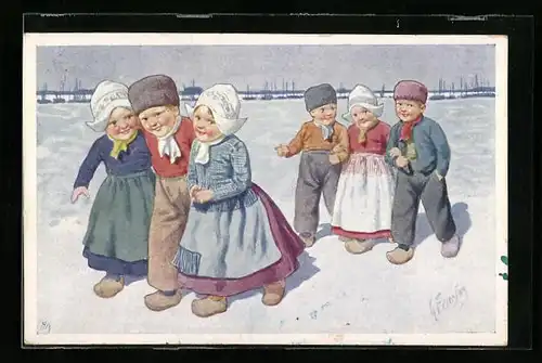 Künstler-AK Karl Feiertag: Holländische Kinder bei einem winterlichen Spaziergang