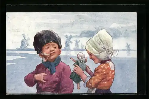 Künstler-AK Karl Feiertag: Holländisches Mädchen mit Puppe und Pfeife rauchender Junge