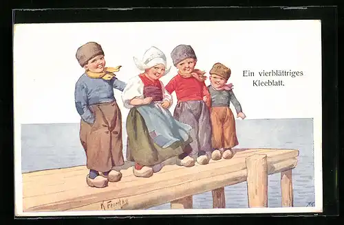 Künstler-AK Karl Feiertag: Holländische Kinder in Tracht auf einem Holzsteg