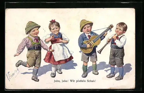 Künstler-AK Karl Feiertag: Kinder in Tracht beim Schuhplattler